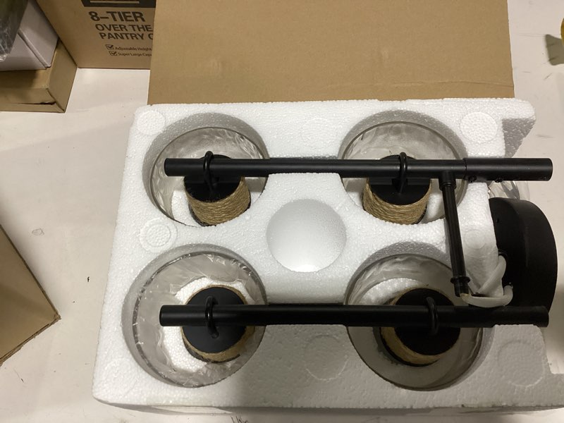 Condition photo showing New/Like New for Bathroom Light Fixtures, 4-Light Coastal Vanity Lights with Crystal Glass Shade, Black Bathroom Wall Lamp for Mirror Kitchen Hallway Cabinet Matte Black 4-Light