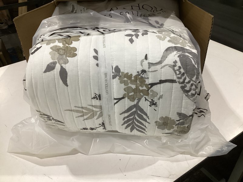 Condition photo showing Good Condition for levtex home pisa reversible king bedspread set (120x106in) with 2 pillow shams (36x20in) - floral peacock - grey, taupe - cotton king size bedspread set - soft, pre-washed bedspread king