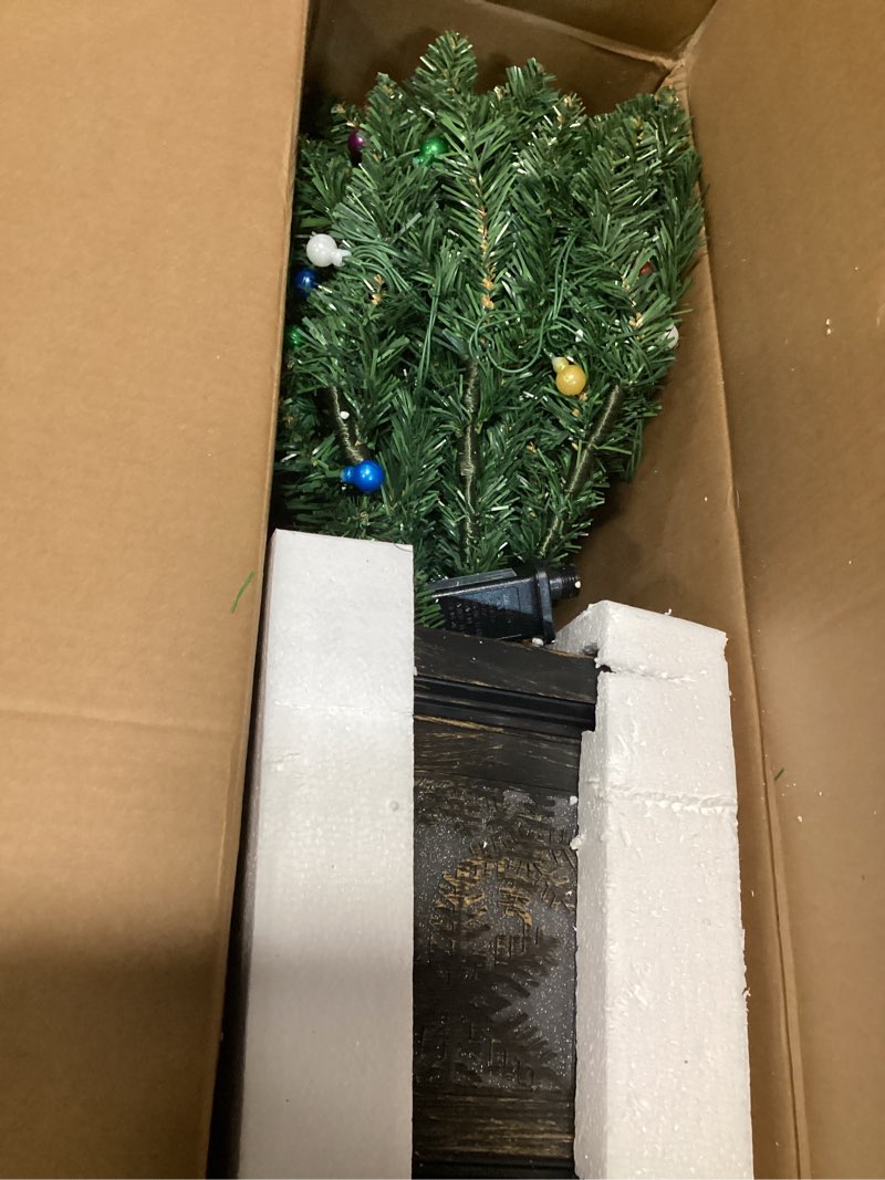 Condition photo showing As Is for 2 Pack 4FT Potted Christmas Tree with Lights 100 Coloful LED Artificial Christmas Tree with 200 Branch Tips Prelit Tree for Outdoor Porch Yard Holiday Home Decoration