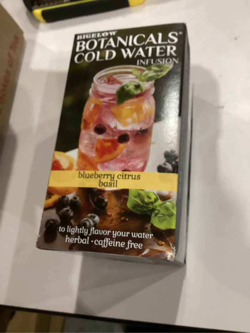 Condition photo showing New/Like New for Bigelow Botanicals Cold Water Infusion Blueberry Citrus Basil Tea Bags 18 Count Box Herbal Infusion, Caffeine Free, 18 Tea Bags Total Blueberry Citrus Basil 18 Count