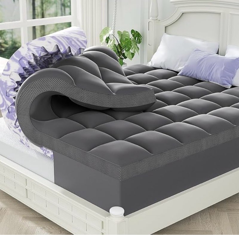 chixpace dual layer 5 inch memory foam mattress topper king - 3 inch pillow top mattress pad and 2 inch gel memory foam, 7-zone egg crate mattress topper (gray)