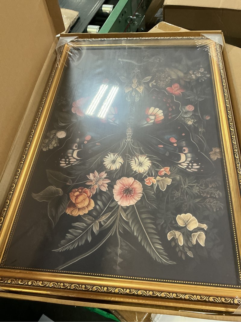 Condition photo showing New/Like New for mrysuart vintage gold framed wall art dark academia butterfly canvas prints gothic botanical floral pictures wall decor cottagecore paintings artwork for living room bedroom 16x24in dark butterfly framed 16x24in gold framed