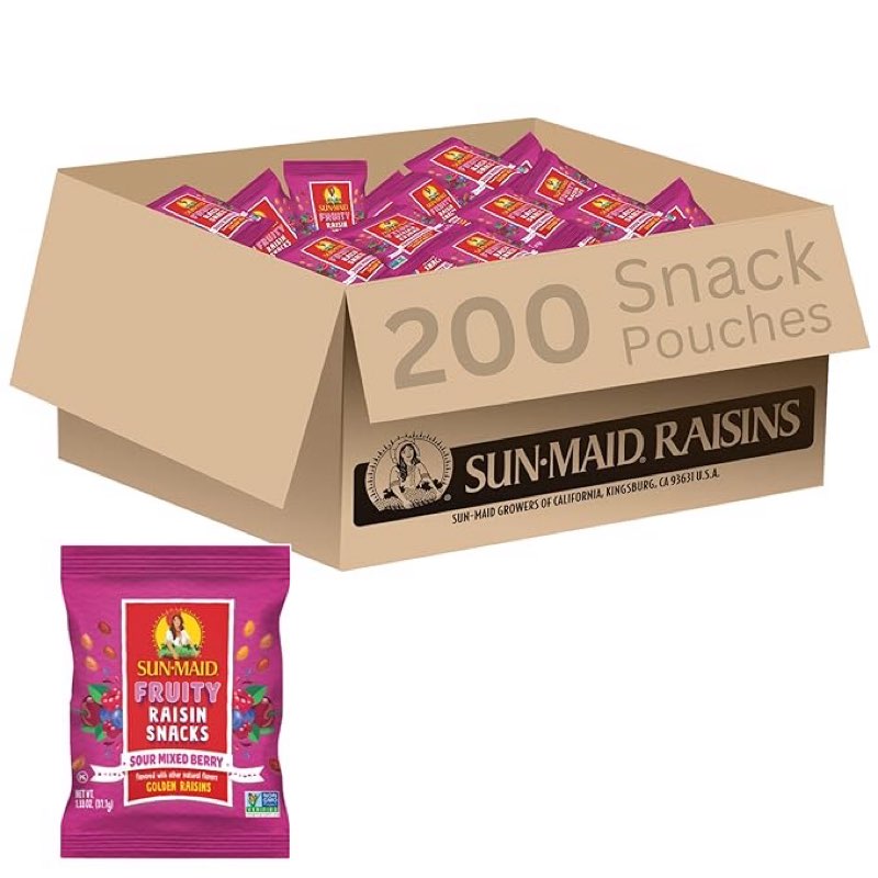 best by 10. 2026sun-maid sour mixed berry fruity raisin snacks - (200 pack) 1.33 oz pouches - sour mixed berry raisins - dried fruit snack for lunches and snacks