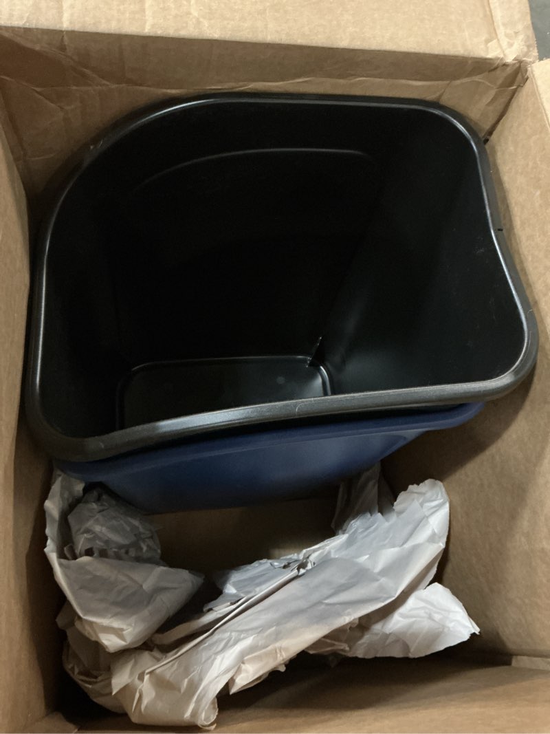 Condition photo showing Good Condition for Rubbermaid Undercounter Small Trash Can, 2 Pack Blue and Black for Recycling/Waste, 9.4-Gallon, Fits under Sink/Desk/Cabinet for use in Kitchen/Bathroom/Office