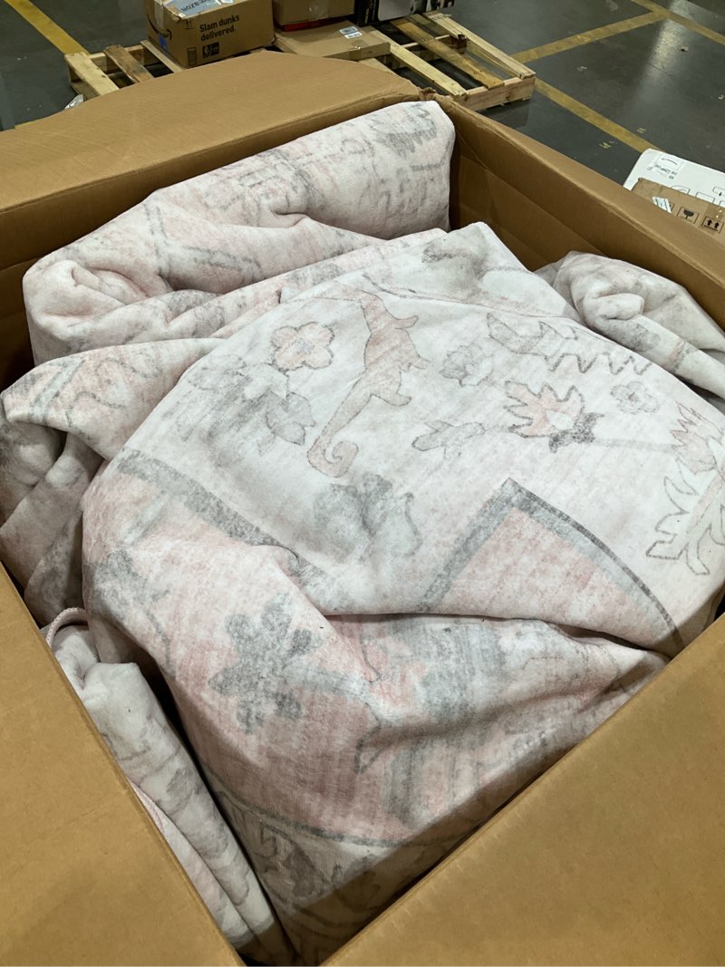 Condition photo showing As Is for LIVEBOX Pink 9x12 Area Rug for Bedroom Girls, Boho Washable Rugs for Living Room Nursery, Non-Slip Indoor Soft Carpet Low-Pile Farmhouse Carpets for Dining Room Kids Playroom, Pink 9'x12' Pink