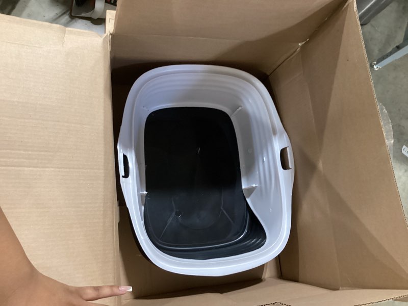 Condition photo showing As Is for arm & hammer rimmed cat litter box with high sides and microban, made in usa pearl white/ dark gray standard