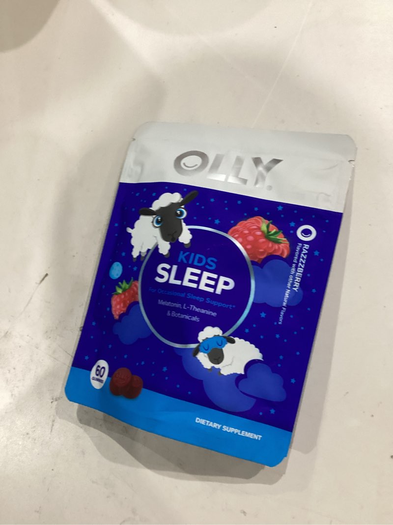 Condition photo showing New/Like New for OLLY Kids Sleep Gummy, 0.5mg Melatonin, L Theanine, Chamomile, and Lemon Balm, Childrens Chewable Supplement, Occasional Sleep Support, Raspberry - 60 Count Pouch 60 Count (Pack of 1)