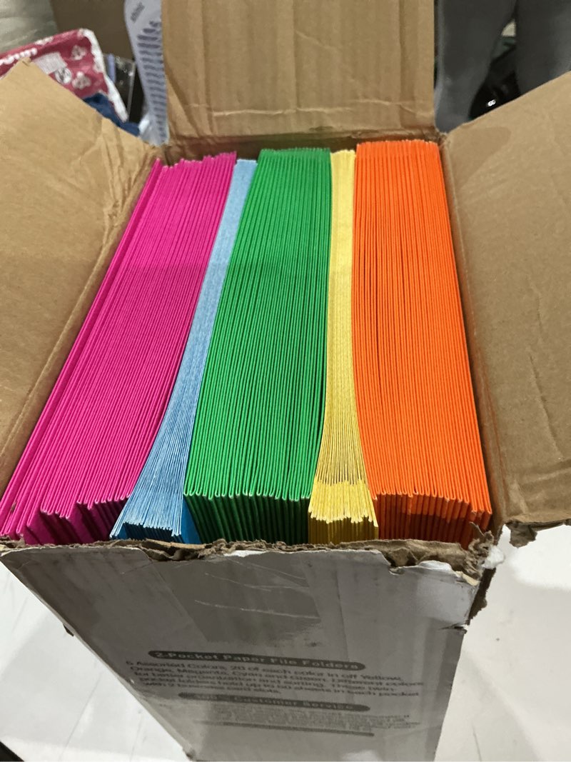 Condition photo showing Good Condition for two pocket folders, razcc 100 pack file folders with pockets fit letter size paper, thick paper file folder for school office business home, assorted 5 colors