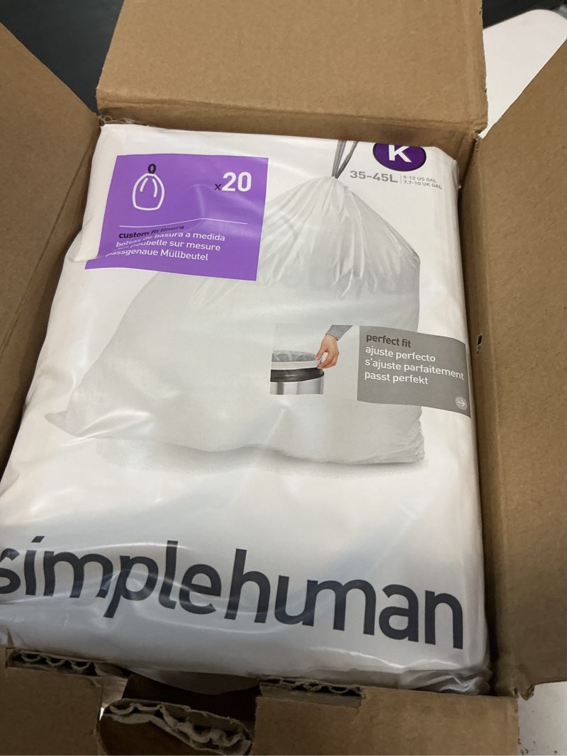 Condition photo showing New/Like New for simplehuman code k 100 count, dispenser pack custom fit liners, drawstring trash bags, 35-45 liter / 9-12 gallon, white 100 count (pack of 1) code k
