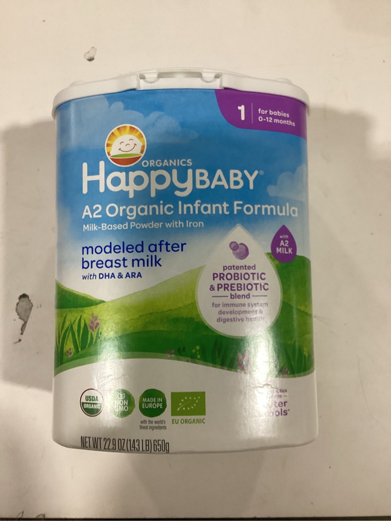 Condition photo showing New/Like New for Happy Baby Organics Stage 1 A2 Infant Formula, 0 12 Months, Milk Based Organic Baby Formula Powder with A2 Milk, Probiotics & Prebiotics for Immune & Digestive Support, 22.9 Ounce (Pack of 1)