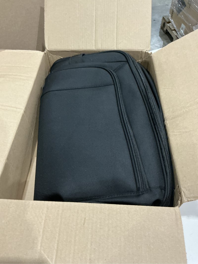 Condition photo showing Good Condition for amazon basics 43" premium garment bag for travel, suit bag with shoulder strap for suits and dresses, 1680d polyester fabric, exterior/interior pockets, leather-reinforced corners, trifold, black