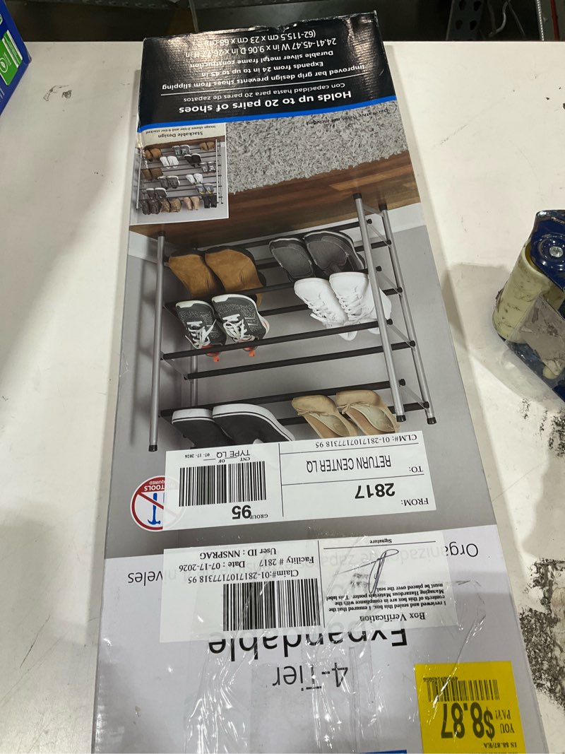 Condition photo showing As Is for mainstays 4-tier expandable shoe rack black rod, steel powder coating silver, up to 20 pairs, 24.41-45.47" w x 9.06" d x 26.77" h