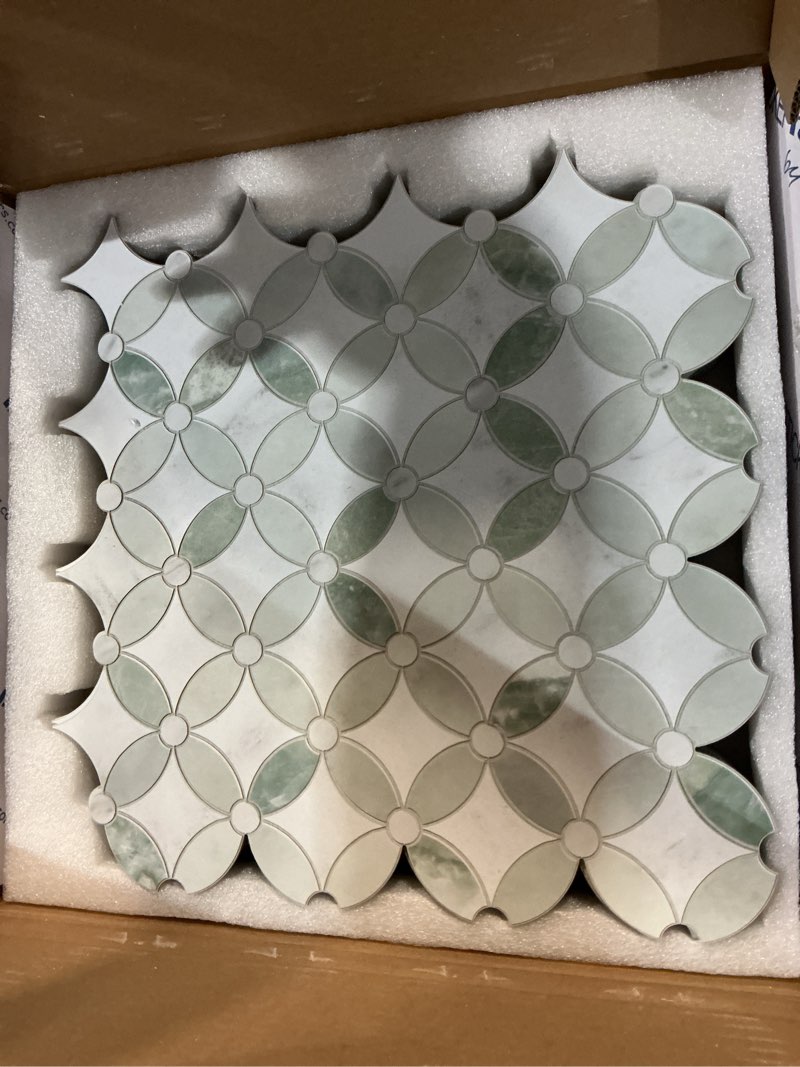 Condition photo showing Good Condition for sunwings 10-sheet peel and stick backsplash coin waterjet tile, 11.2" x 11.2" green marble looks self adhesive wall tile stick on backsplash for kitchen, bathroom, fireplace, shower