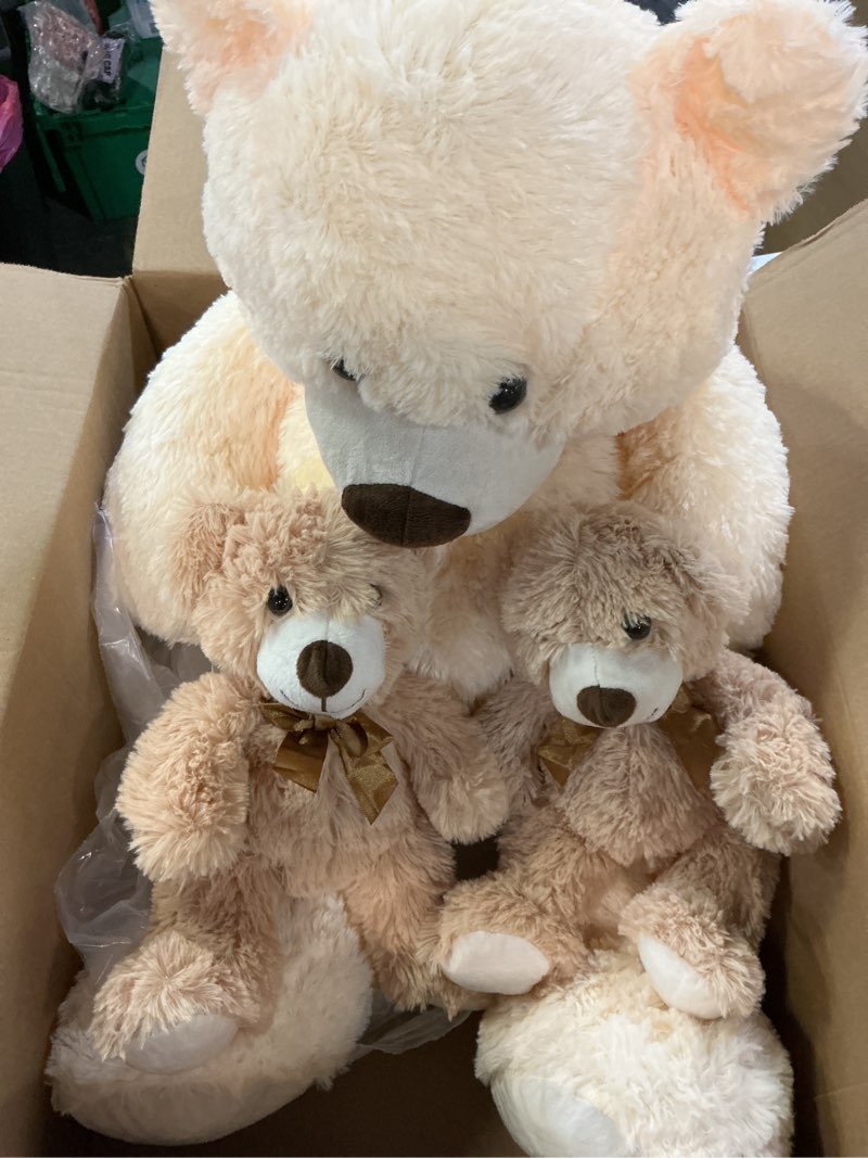 Condition photo showing Good Condition for morismos giant teddy bears with babies, 36inch large mommy bear with 2 babies stuffed animals for baby shower, big bear plush beige brown 36 inches