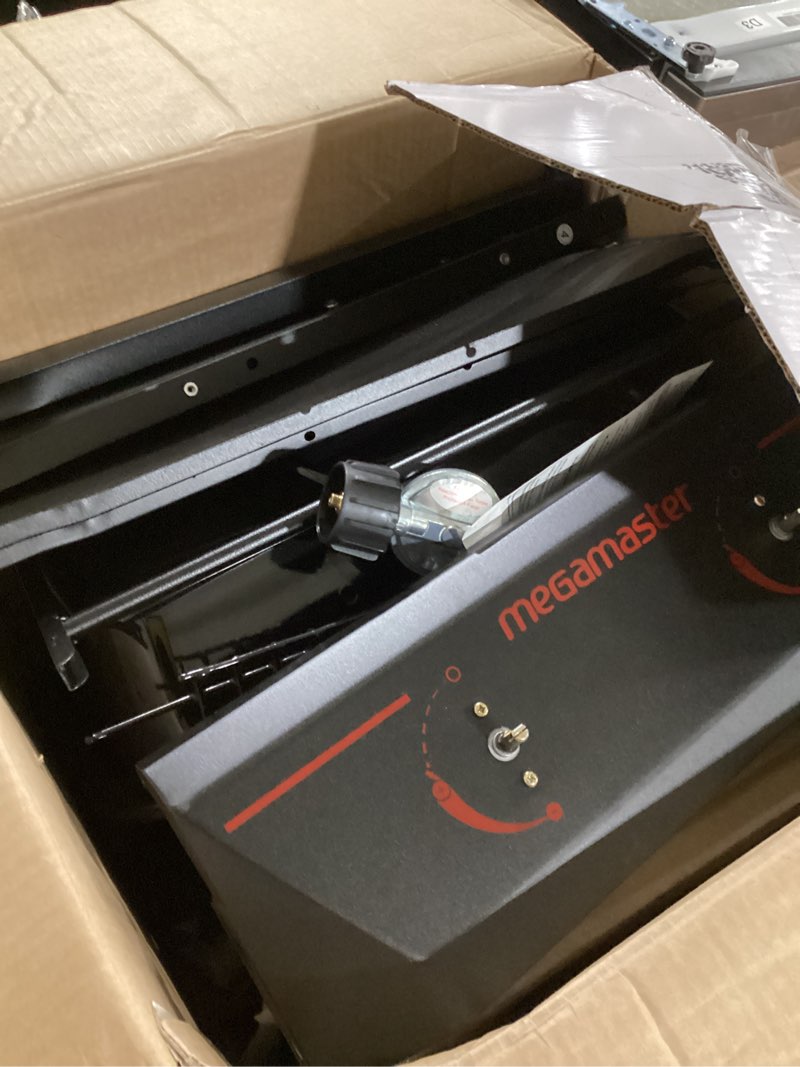 Condition photo showing As Is for megamaster 2-burner propane gas grill in black