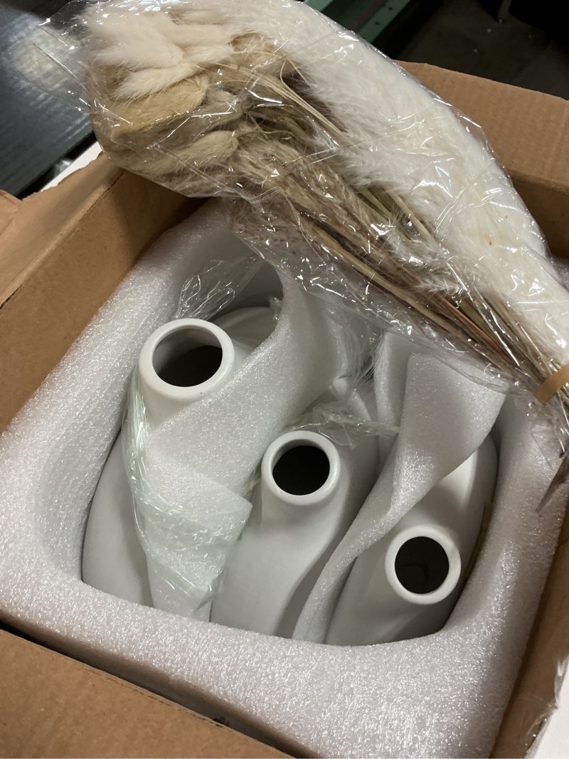 Condition photo showing Good Condition for VELOVA Set of 3 White Ceramic Vase with 65 PCS Dried Pampas Grass Flowers Aesthetic Boho Modern Small Round Cute Vases for Decor Living Room Coffee Table Shelf Bedroom Office Desk Home Gifts Women Mom
