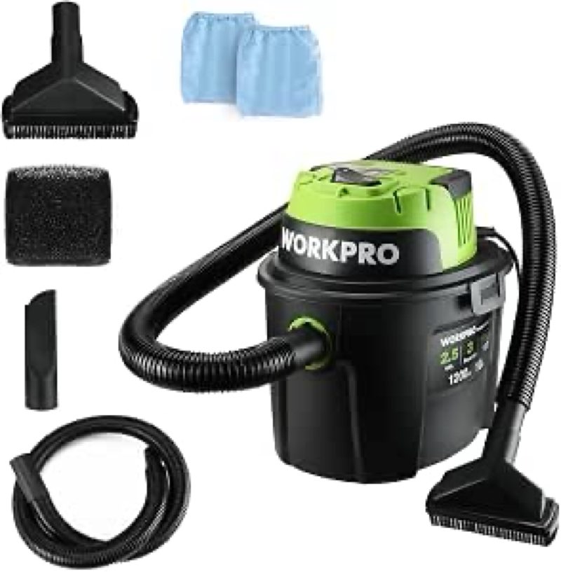 workpro wet/dry vacuum 2.5 gallon 3 peak horsepower, portable shop vacuum cleaner for home/jobsite dust collection job with attachments