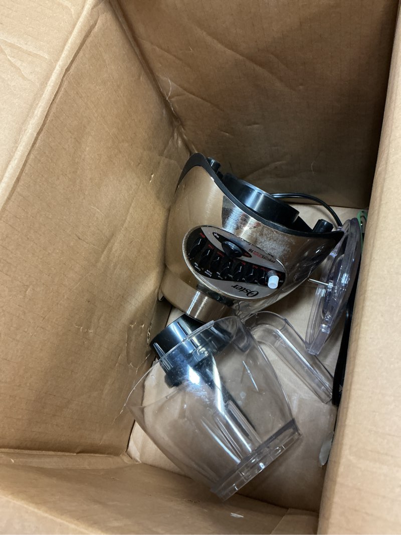 Condition photo showing As Is for Oster Classic Series 16-Speed Blender with Food Chopper & 5-Cup Glass Jar, Countertop Kitchen Blender, Brushed Nickel Black + Glass Jar Countertop Blenders