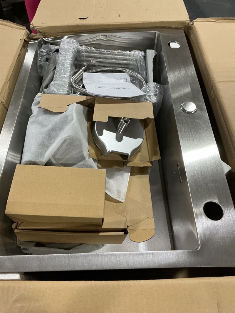 Condition photo showing As Is for (simiartoo) 25x18 inch drop-in kitchen sink single bowl with 2 holes, 18 gauge stainless steel handmade residential topmount kitchen sink 9 inch deep basin bowl (brushed nickel) d25\"xw18\"xh9\" brushed nickel