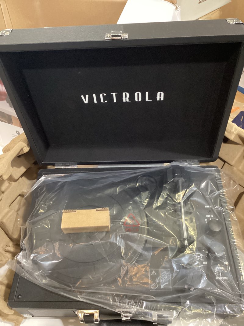 Condition photo showing As Is for victrola journey bluetooth portable suitcase record player – with built-in speakers, 3 speed vinyl record player, rca out, headphone jack (black)