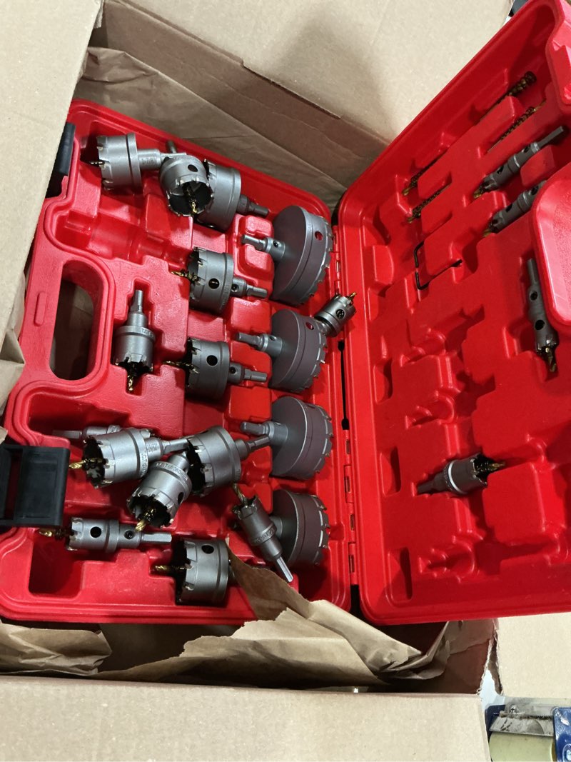 Condition photo showing As Is for 27pcs hole saw kit with drill bits, tungsten carbide hole saw set for hard metal and stainless, cutting diameter within 5/8'' to 3-15/16'' (5/8'' to 3-15/16'')-27pc