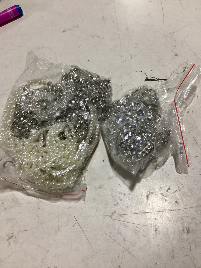 Condition photo showing Good Condition for 3 pieces pure handsewing rhinestones applique beaded pearl fringe patches embellished dress shoulders neckline and waist luxury design clothing accessories (silver)