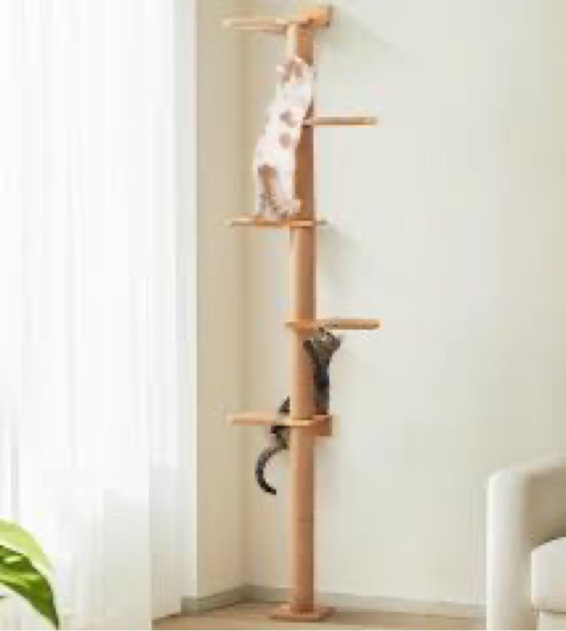 Floor to Ceiling Cat Tree, 5-Tier Adjustable Height(88-126in) Solid Wood Climbing Tower with Sisal S