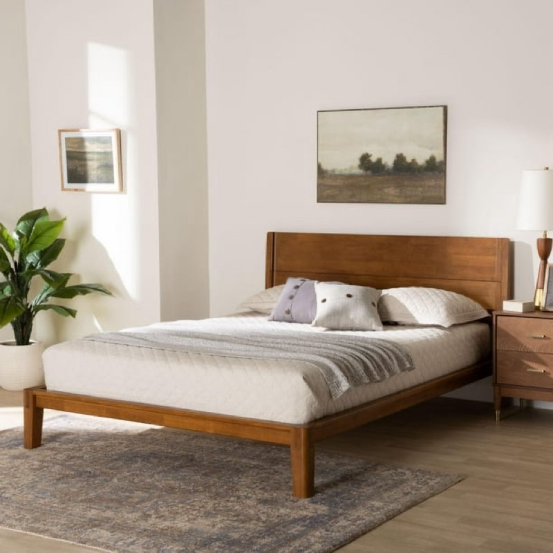 (Incomplete, box 2 of 3) Baxton Studio Aldith Japandi Platform Bed, Queen, Walnut Brown