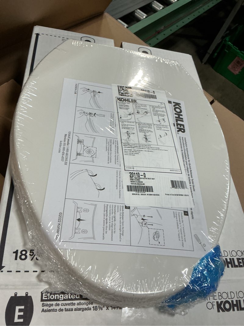 Condition photo showing New/Like New for kohler k-20110-0 brevia elongated toilet seat with grip-tight bumpers, quiet-close seat, quick-attach hardware, white