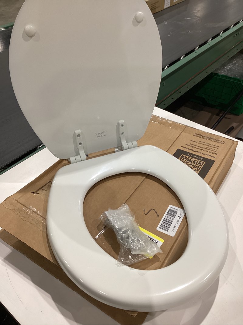 Condition photo showing Good Condition for mayfair athens toilet seat, easy clean hinges and durable wood seat, round, white round toilet seat