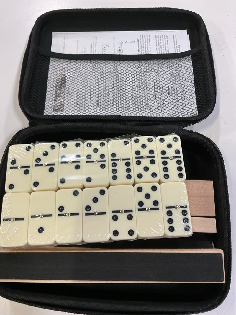 Condition photo showing Good Condition for jumbo dominos set for adults with 4 wooden racks/trays, double 6 dominoes travel set with portable case double six dominoes set with 4 tiles holders, 28 tiles dominos set for family board games white