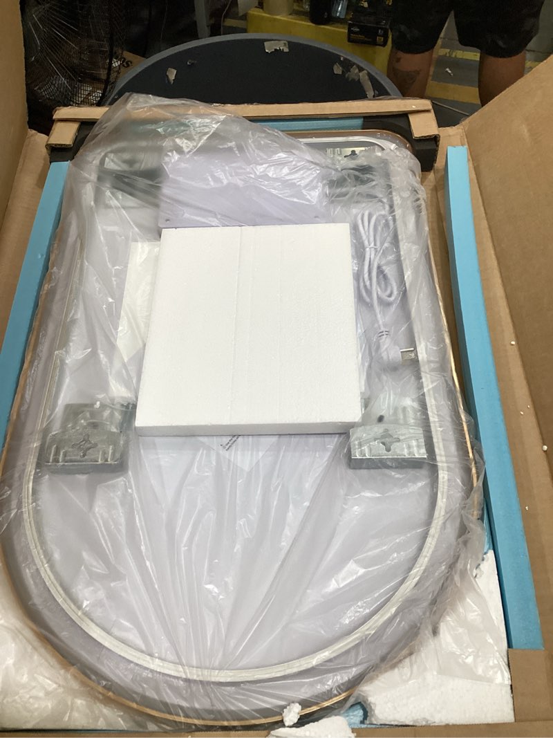 Condition photo showing Good Condition for niccy arched led lighted bathroom mirror, 30x20 inch backlit vanity mirror with lights brushed gold framed wall mounted mirrors with dimmable 3 color shatterproof arch smart fog free mirror
