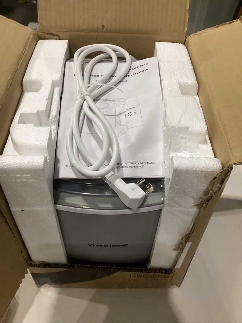 Condition photo showing As Is for vivohome electric portable compact countertop automatic ice cube maker machine with handle hand scoop 10 ice bags and self cleaning function 26lbs/day silver, vh1245us, not tested