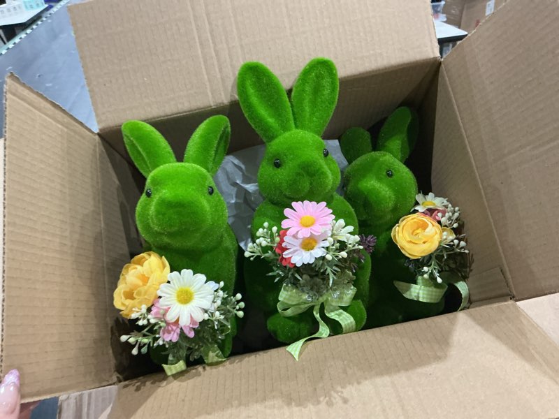 Condition photo showing Good Condition for brilliantjo spring decoration figurines decor gift for women cute moss bunny large rabbit kit holding flowers set of 3(10") green desk mother's day holiday birthday for home office garden