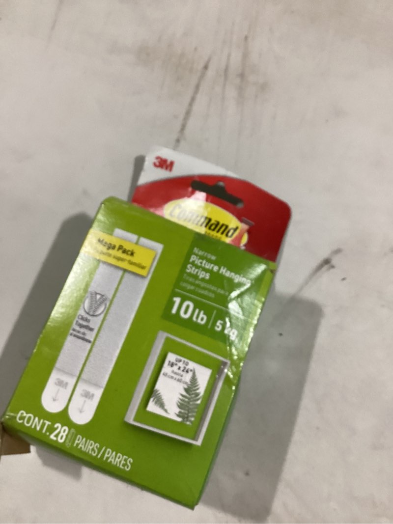 Condition photo showing As Is for command 10 lb narrow 28 pairs picture hanging strips (56 strips), damage-free hangers for picture frames, no tools required, great for home room wall decor, white adhesive