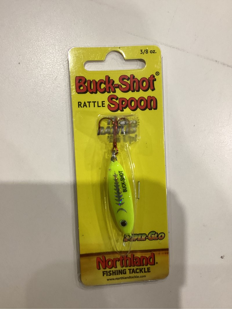 Condition photo showing As Is for Northland Tackle Buck-Shot Rattle Spoon / 1-3/8" / 1/8 OZ - #8 HK/Super-GLO EXO Chartreuse
