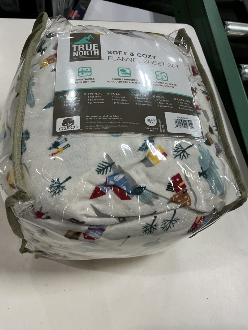 Condition photo showing Good Condition for sleep philosophy true north 100% cotton flannel sheets queen size, cozy flannel sheet set brushed for extra softness, heavyweight novelty print warm flannel bedding set, white village print 4 piece white village print queen