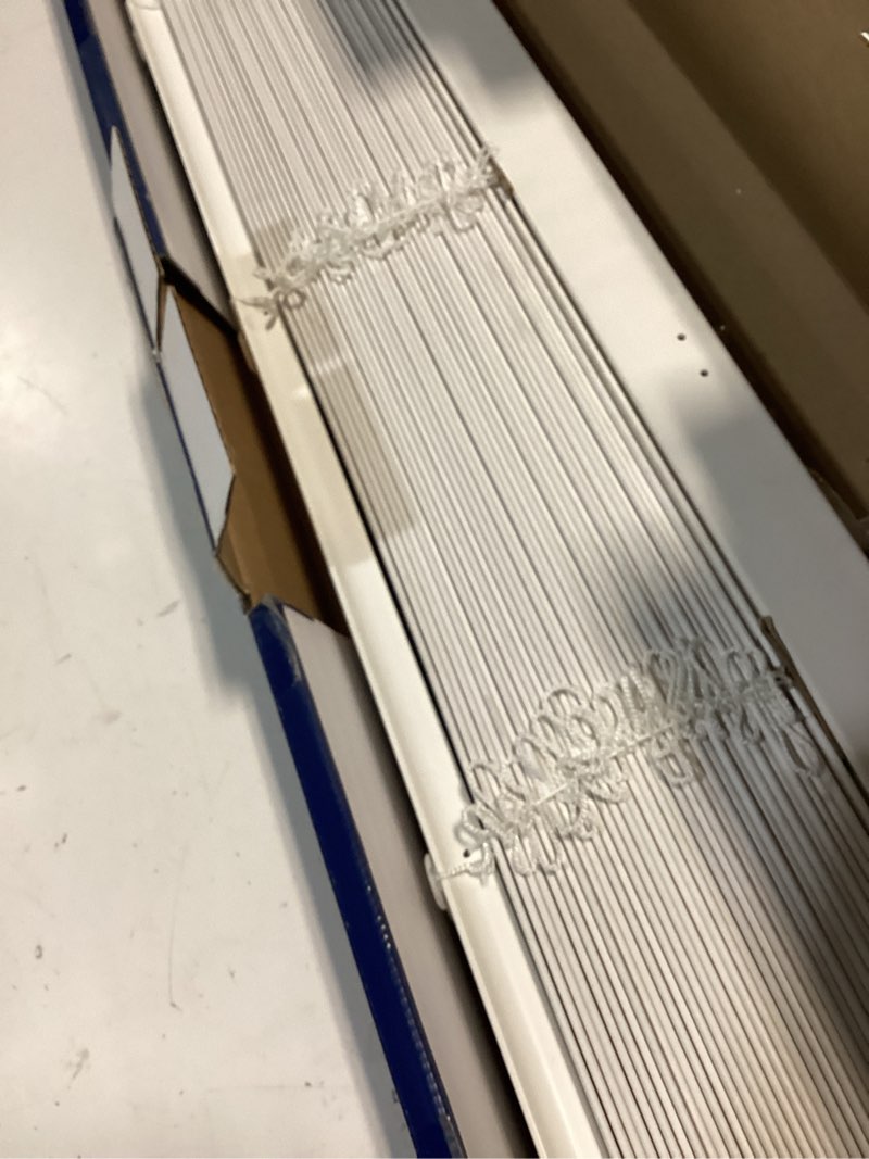 Condition photo showing As Is for levolor trim+go 2-in slat width 62-in x 64-in cordless white faux wood room darkening full-view standard horizontal blinds