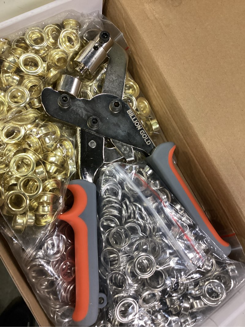 Condition photo showing Good Condition for grommet tool kit, billion gold 3/8 inch 500pcs eyelets and grommets, tarp grommet kits for canvas, banners