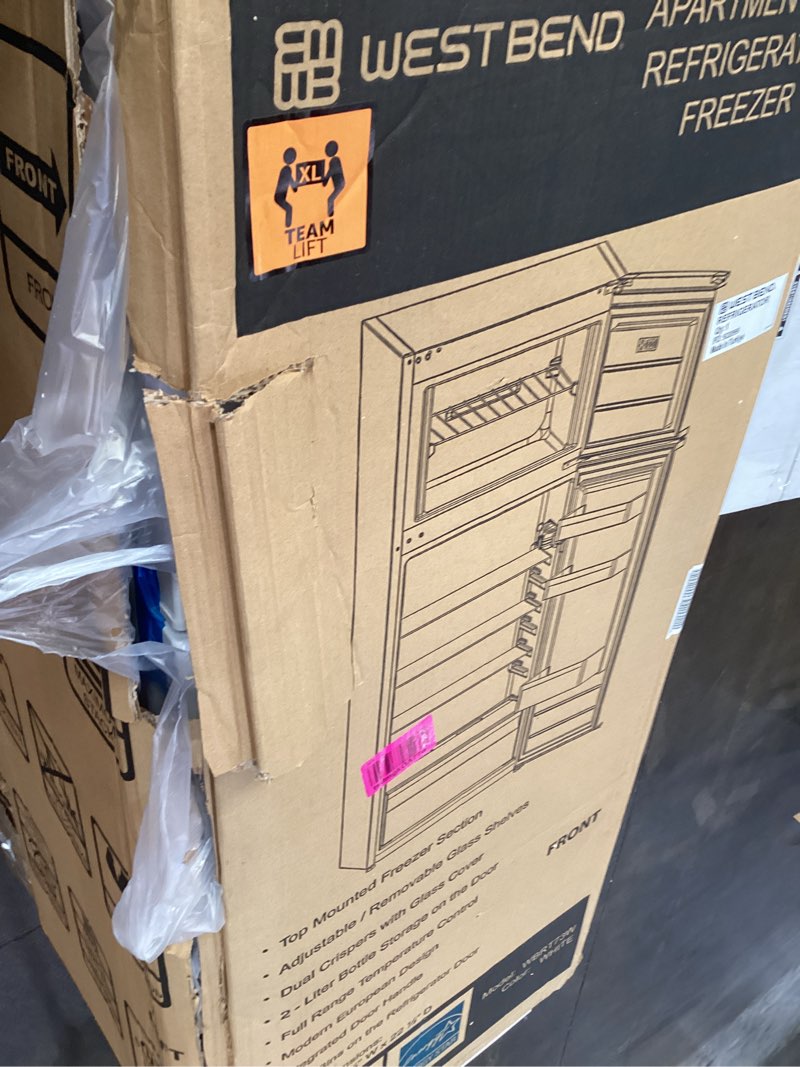 Condition photo showing As Is for west bend apartment refrigerator freestanding dual door slim design full fridge with top freezer, adjustable mechanical control, for condo, house, small kitchen use, 7.4-cu.ft, white 7.4 cu.ft. white