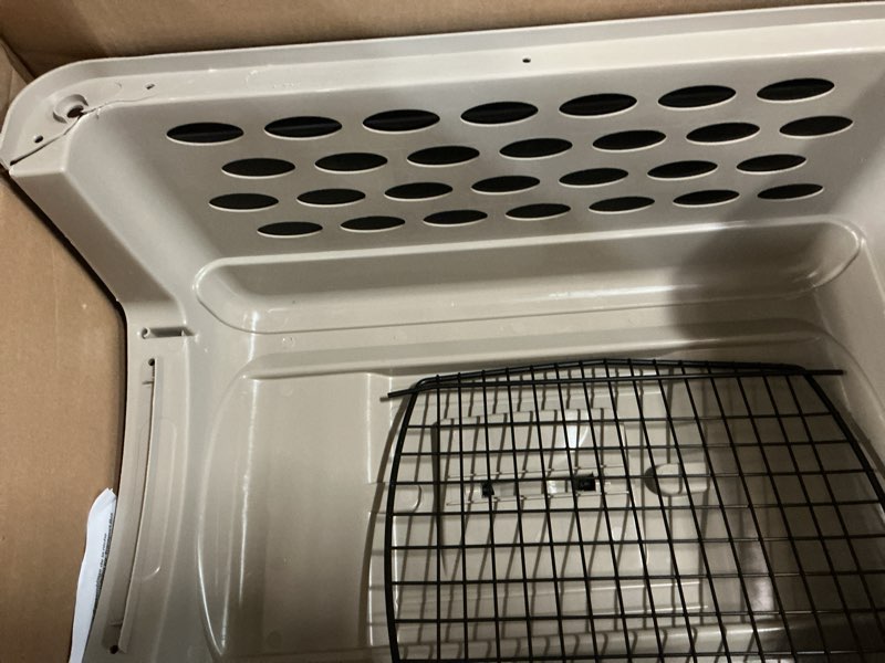 Condition photo showing As Is for petmate vari dog kennel - portable dog carriers & crates for medium dogs, airline-friendly, durable plastic, pet carrier for home and travel, 28 inches, taupe and black