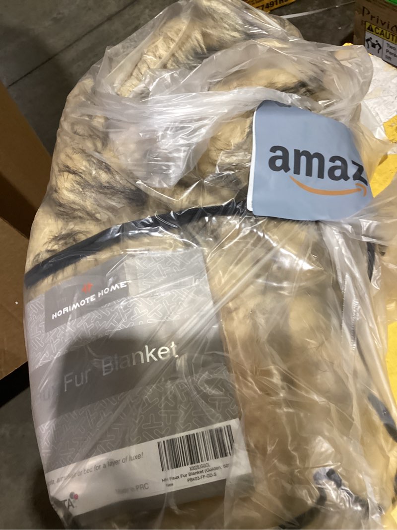 Condition photo showing As Is for luxury plush faux fur throw blanket, long pile golden yellow with black tipped blanket, super warm, fuzzy, elegant, fluffy decoration blanket scarf for sofa, armchair, couch and bed, 50''x 60'' golden yellow 50?×60?
