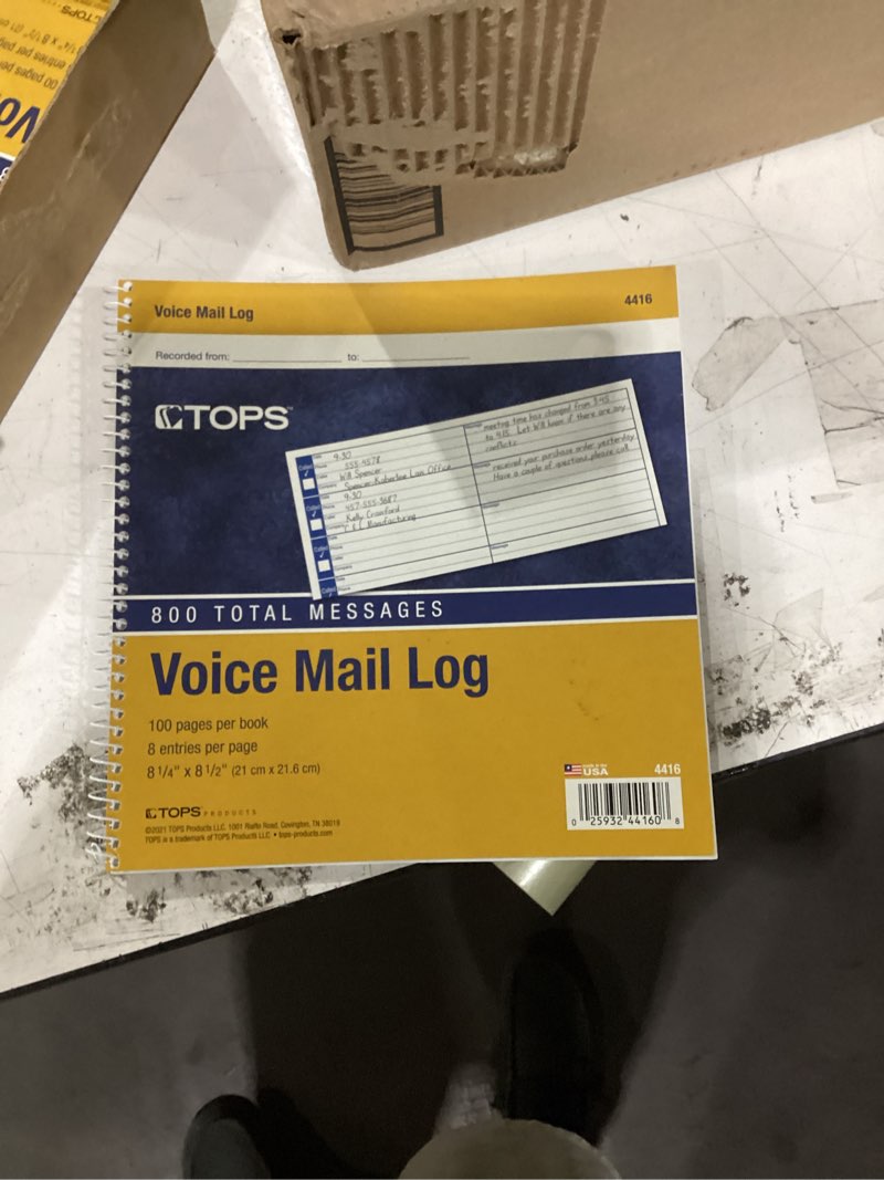 Condition photo showing New/Like New for tops spiral voice message log book, 2-sided, 1-part, 8.5 x 8.25 inches, 8 messages per page, 800-message book (4416) , manila