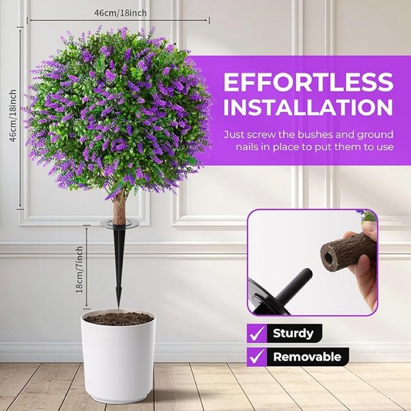 artificial lavender topiary ball trees,25'' set of 1  topiary trees artificial outdoor with ground spike,uv resistant artificial plants for indoor outdoor front porch garden(lavender)