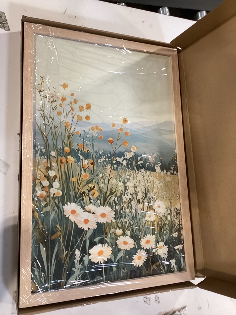 Condition photo showing Good Condition for 3 pcs framed mountain wildflower wall art triptych natural landscape canvas prints large farmhouse daisy poster botanical picture painting for living room bedroom decor 16x24in mountain landscape 16x24 inches