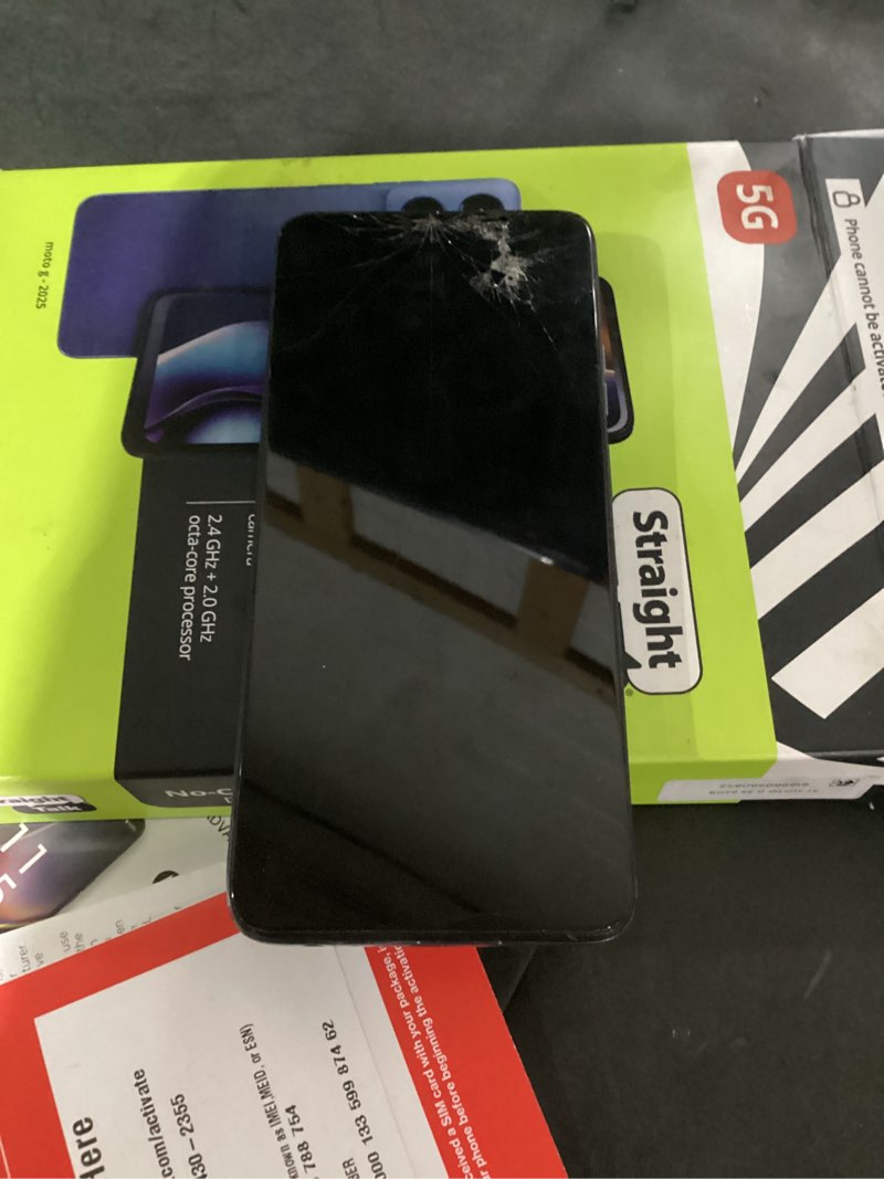 Condition photo showing As Is for screen display damaged back comes off straight talk motorola moto g 2025, 5g, 64gb, blue - prepaid smartphone [locked to straight talk]