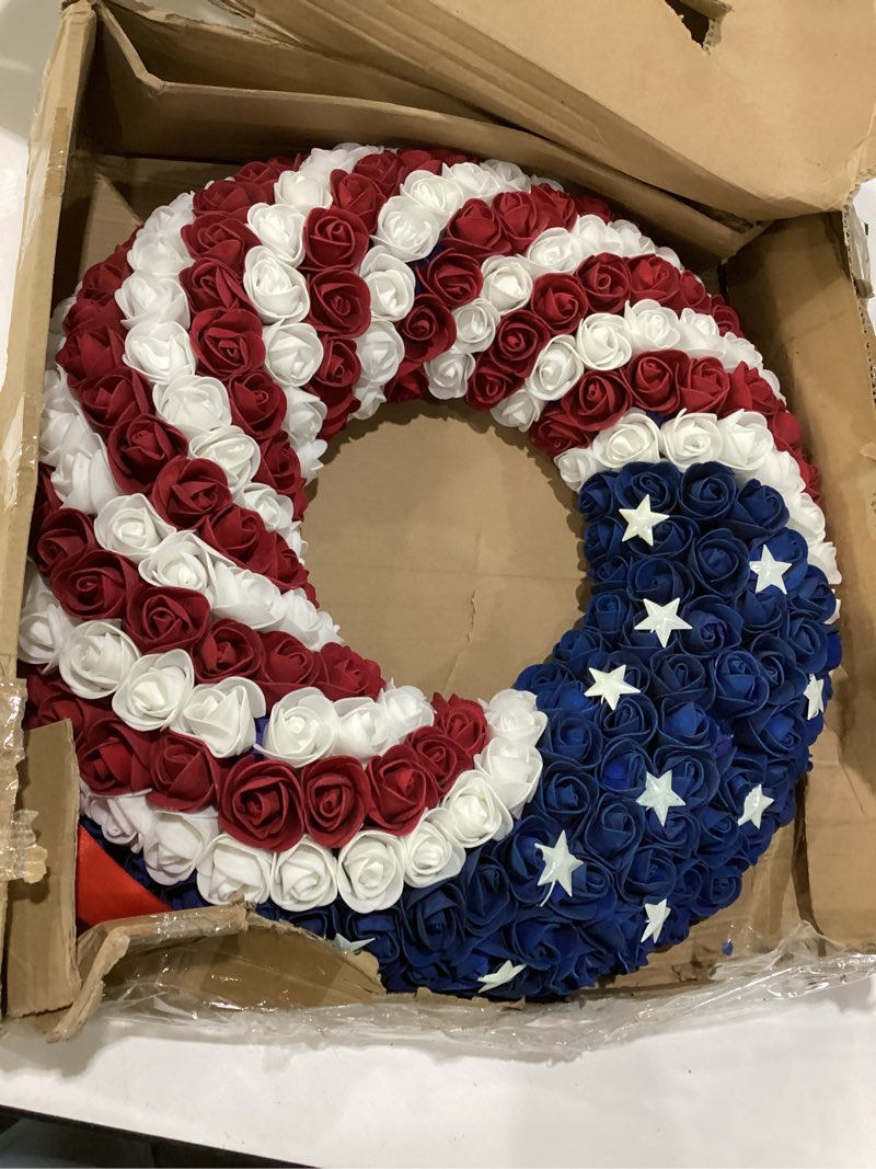 Condition photo showing Good Condition for 18inch 4th of july patriotic roses wreath, dilibra red blue white foam flower wreath for front door, artificial memorial day american flag wreath garland decoration for indoor and outdoor