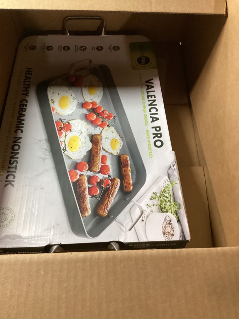 Condition photo showing New/Like New for GreenPan Valencia Pro 18" x 11" Double Burner Griddle Pan, Induction Suitable, Ceramic Nonstick PFAS-Free, Rectangular Stovetop Cookware, Stainless Steel Handles, Dishwasher, Oven & Broiler Safe, Gray 18" x 11" Double Burner Griddle Pan Gray
