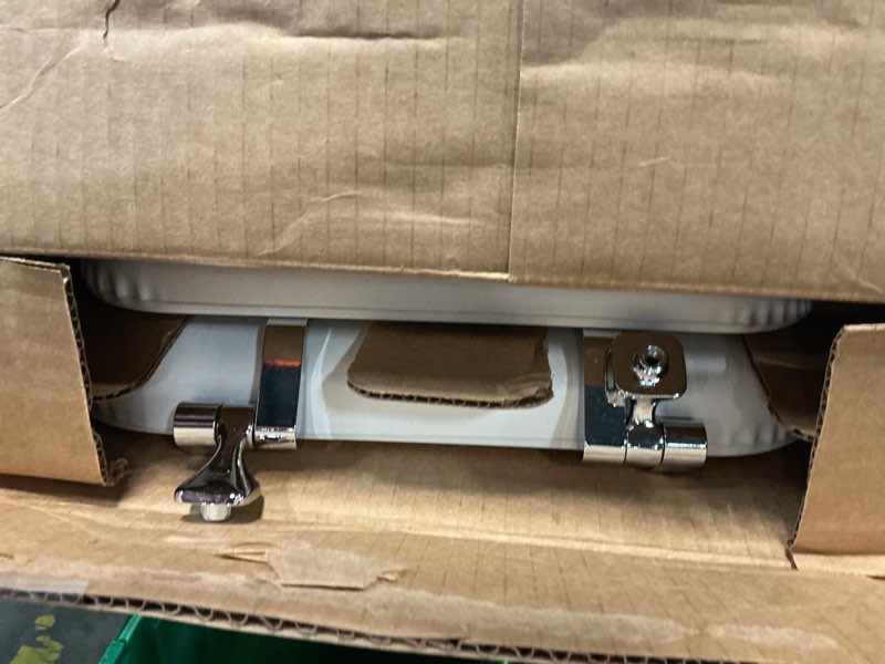 Condition photo showing As Is for mayfair padded toilet seat with chrome hinges, soft vinyl over wood core seat, made in usa, elongated, white