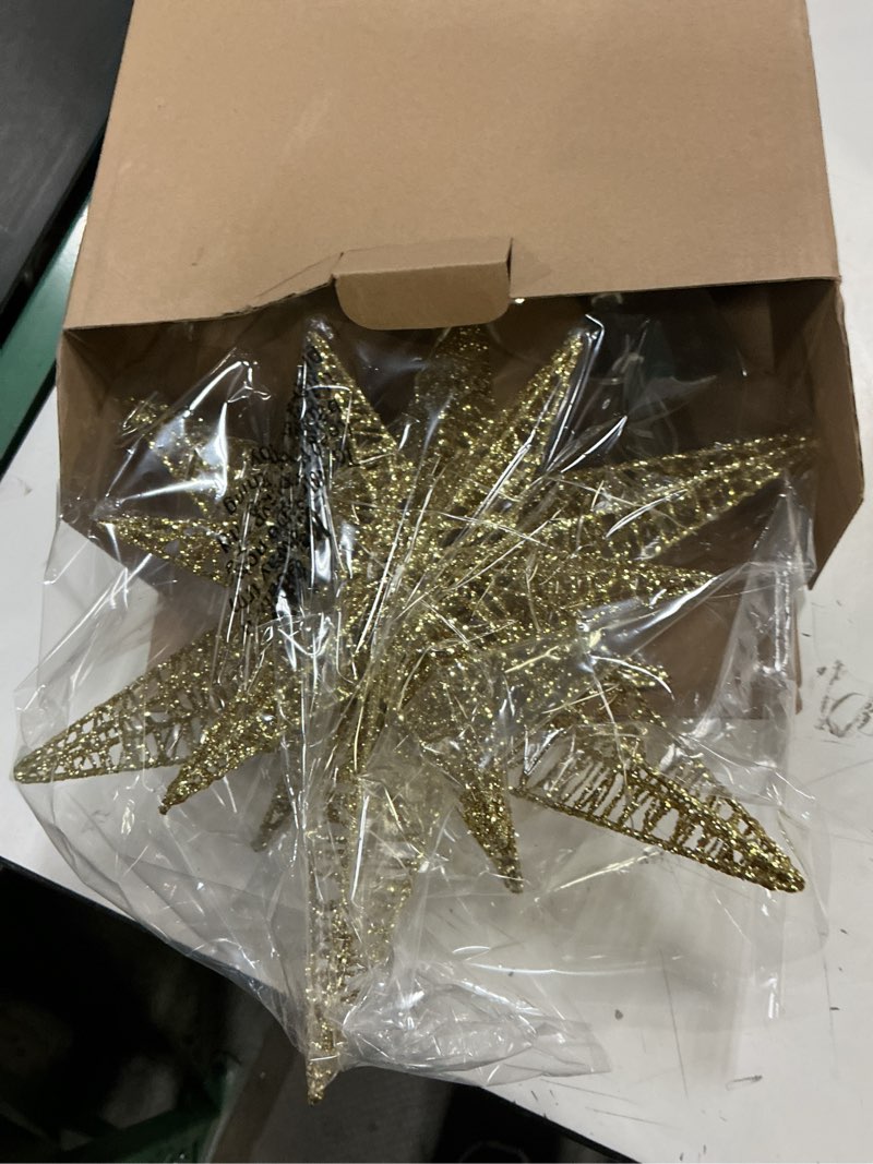 Condition photo showing New/Like New for lewondr christmas star tree topper, usb powered remote controlled 11 inch multilayer hexagonal tree toppers christmas decor with 8 light modes for home holiday xmas, timer function, gold